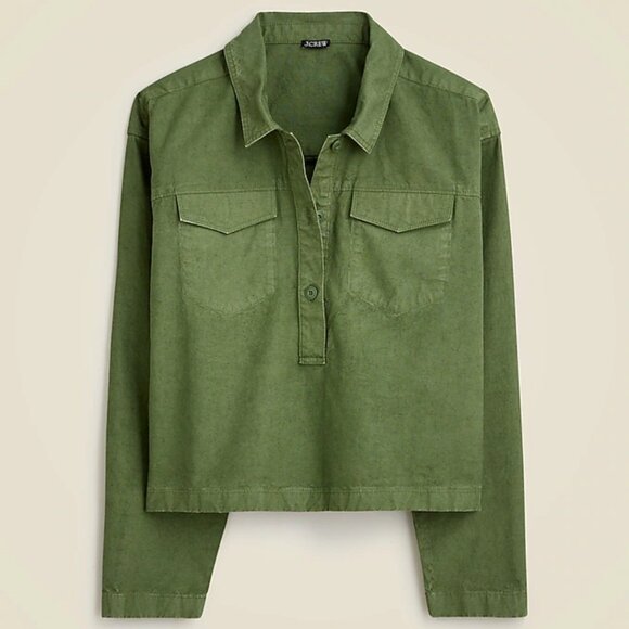 J.Crew Popover Shirt Cotton Linen Blend Green Long Sleeve Buttoned Cropped Sz M - Picture 12 of 12